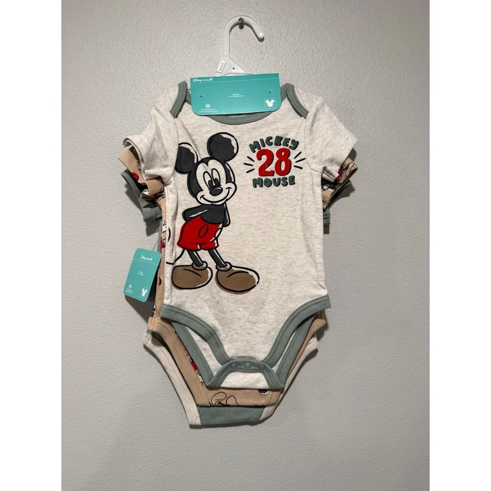 Disney Baby Mickey Mouse 3 Pack Bodysuits Sage Tan Grey 6-9 Months NEW